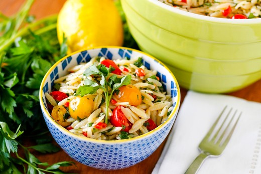 Lemon Orzo Salad with Roasted Tomatoes, Feta and Pine Nuts