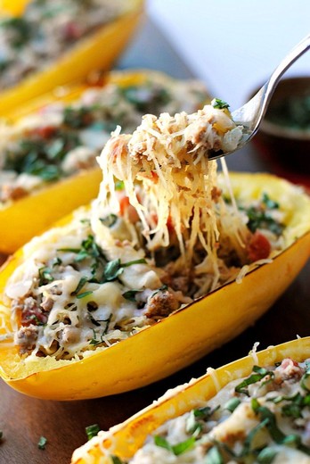 Spaghetti Squash with Roasted Peppers and Bacon